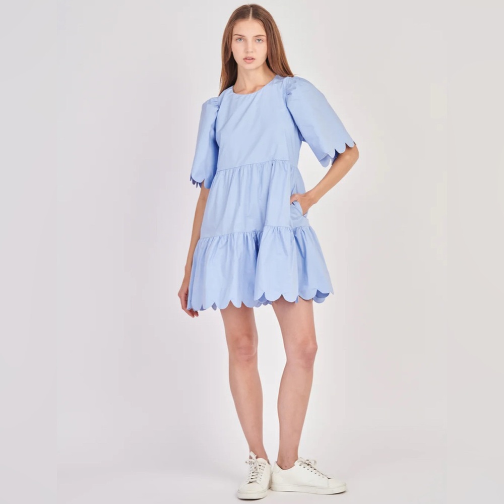 English Factory Blue Tiered Mini Dress with Scalloped Hem